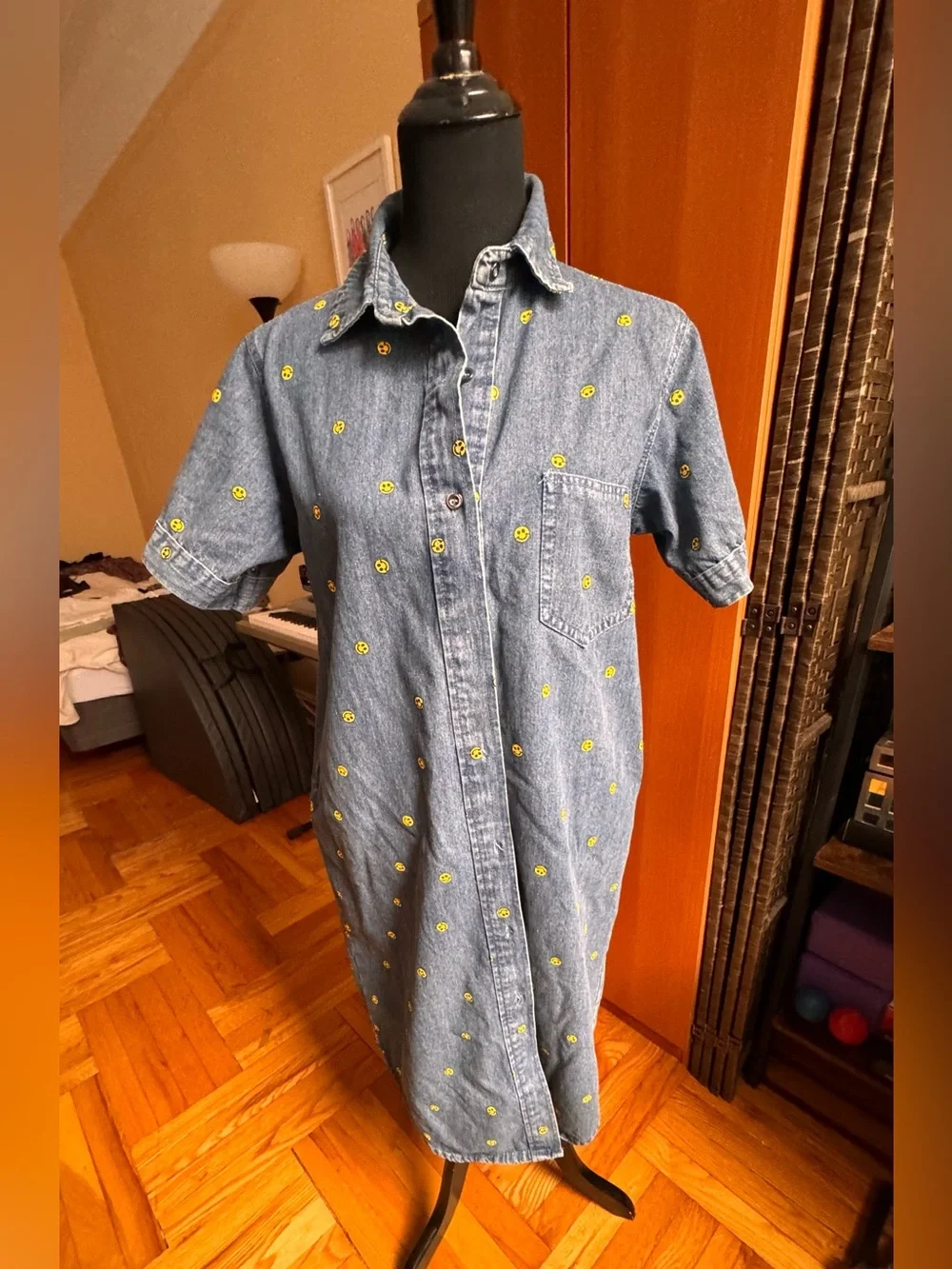 Denim Shirt Dress with Yellow Smile Embroidery - Kids